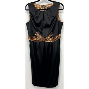 Signature Women's Sheath Dress Size 12 Black Satin Sleeveless Leopard Zip Back